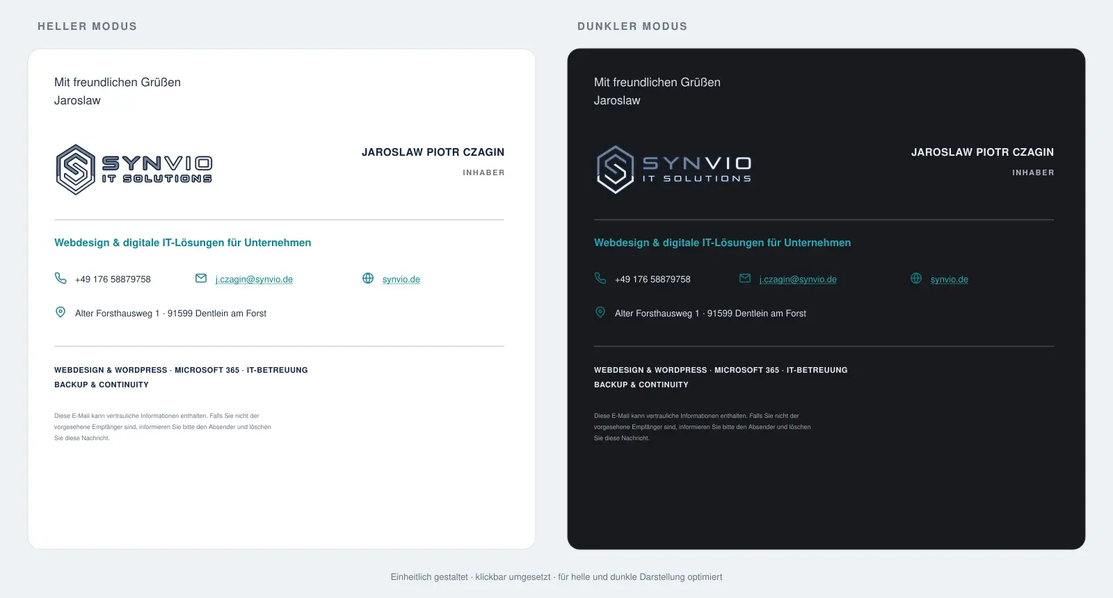 Professionelle HTML-E-Mail-Signatur von Synvio im hellen und dunklen Modus